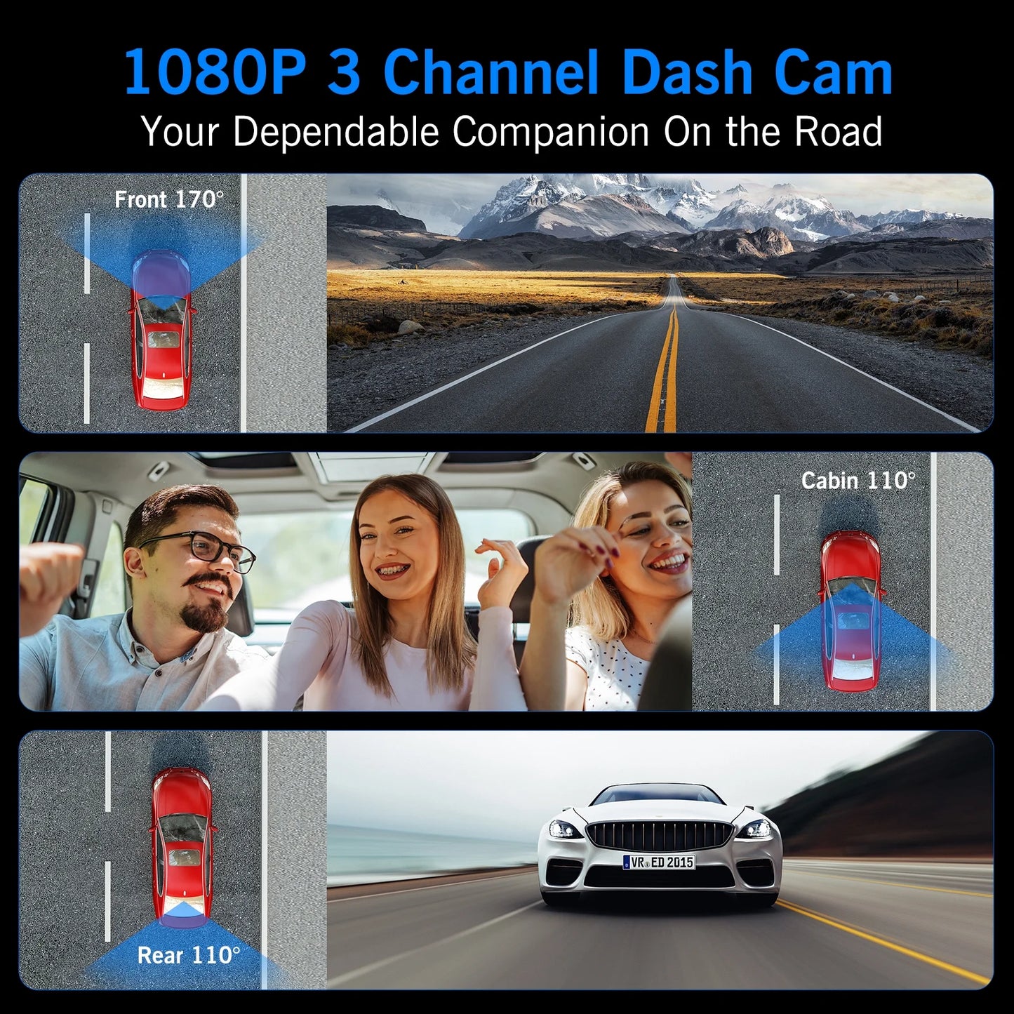3 Channel Dash Cam Front and Rear, 1080P Dash Camera for Cars, 3" IPS Screen Three Way Dashcam with Night Vision, G-Sensor, Loop Recording, 24Hr Parking, DVR, Support 32GB Card