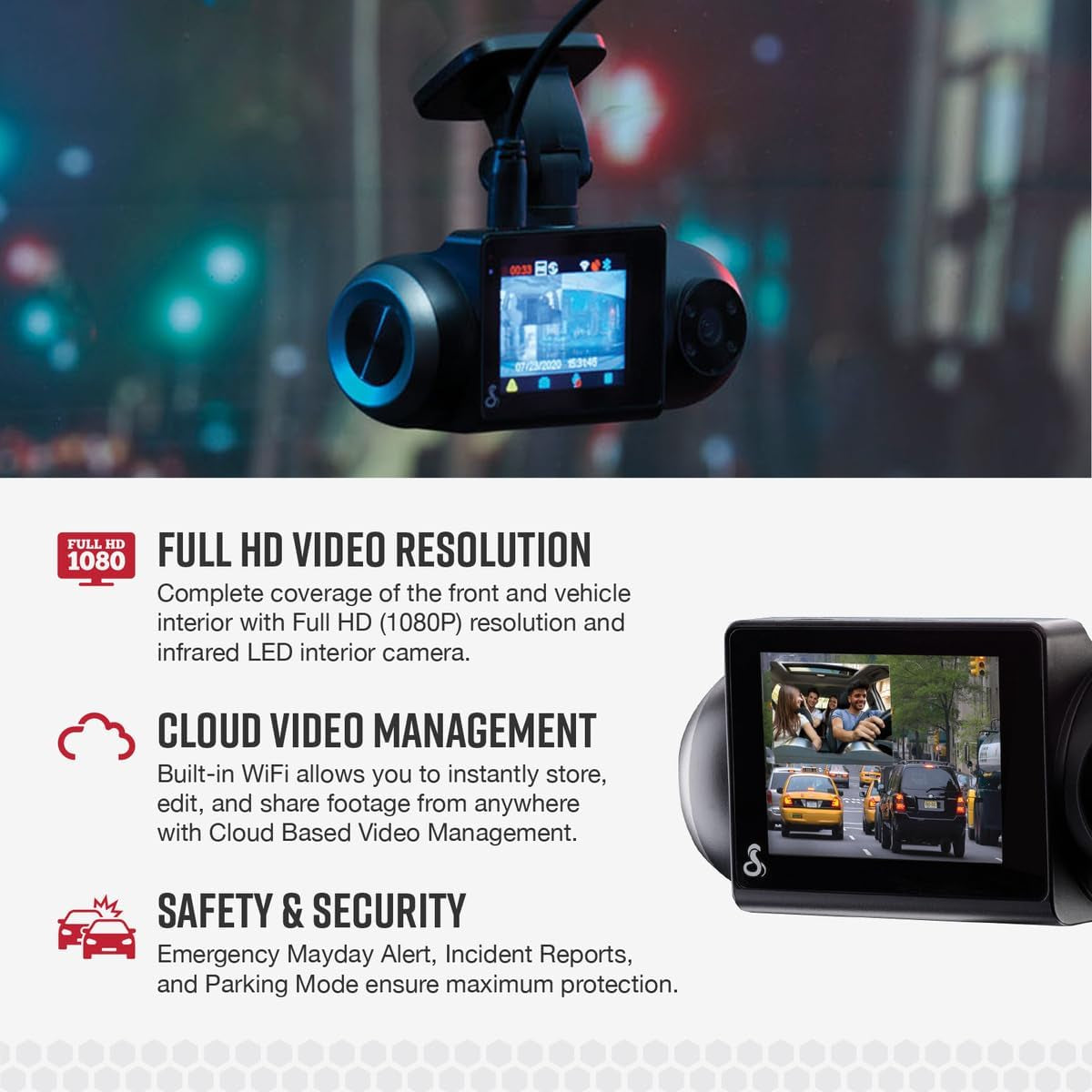 Smart Dash Cam with Interior Cam (SC 201) - Full HD 1080P Resolution, Built-In Wifi & GPS, Live Police Alerts, Incident Reports, Emergency Mayday, Drive Smarter App, 16GB SD Card Incl.