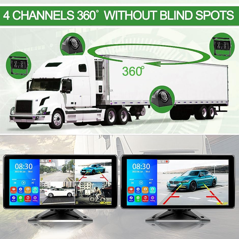 Car Backup Cameras System with 4K 10.36" Touch Screen Quad Display Monitor & 4Pcs 1080P Backup AHD Cameras, MP5 Player, Vehicle DVR Recorder for Rv/Truck/Bus/Trailer/Camper/Van