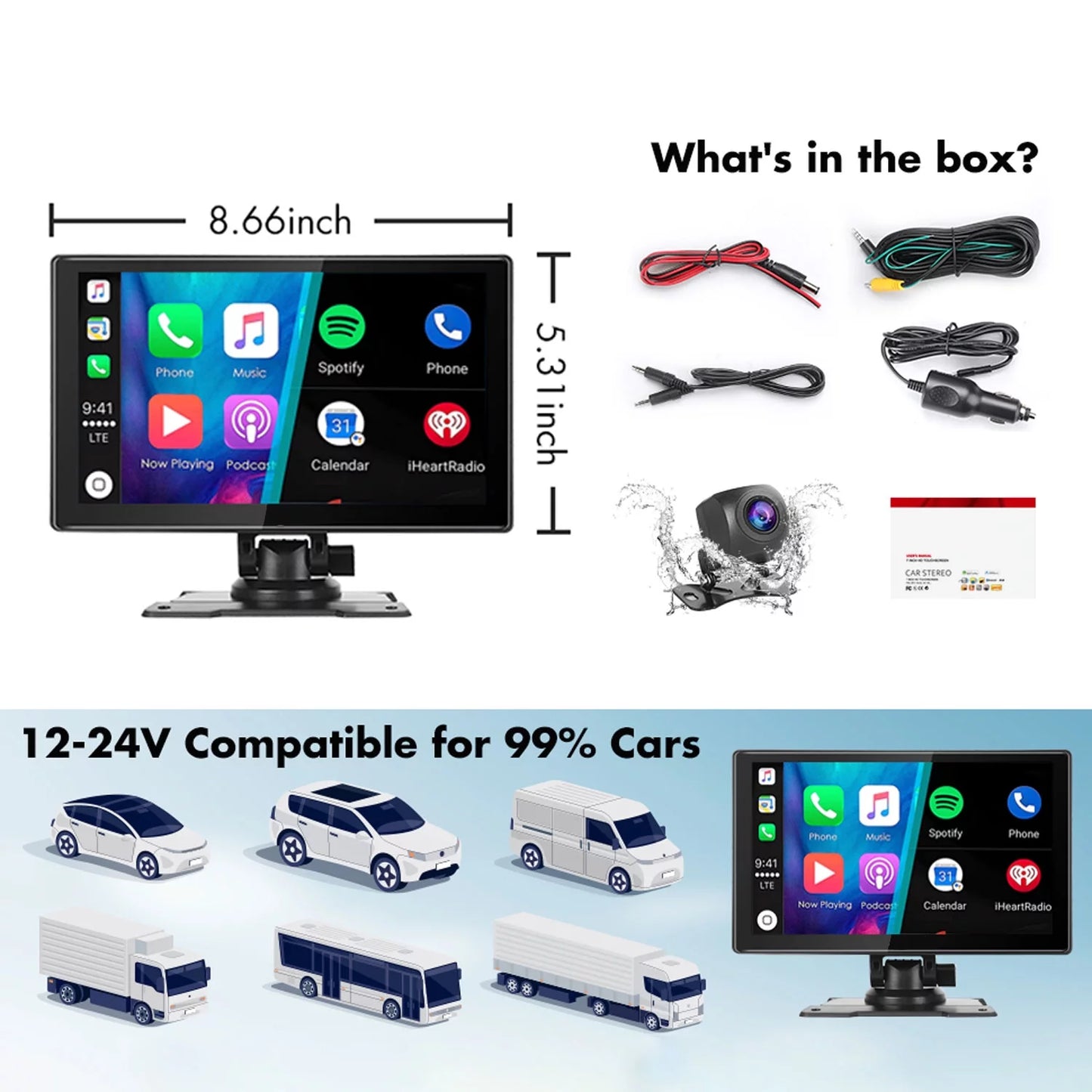 Portable Car Stereo, Wireless Apple Carplay&Android Auto, 9 Inch FHD Touchscreen Car Audio Receivers Bluetooth, Backup Camera, Voice Control, GPS Navi, Mirror Link, FM, AUX/USB/TF
