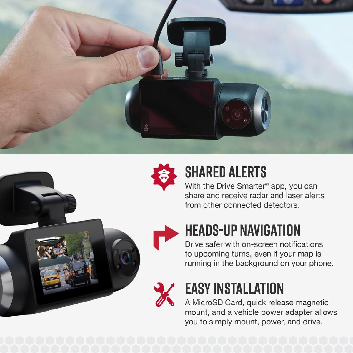 Smart Dash Cam with Interior Cam (SC 201) - Full HD 1080P Resolution, Built-In Wifi & GPS, Live Police Alerts, Incident Reports, Emergency Mayday, Drive Smarter App, 16GB SD Card Incl.