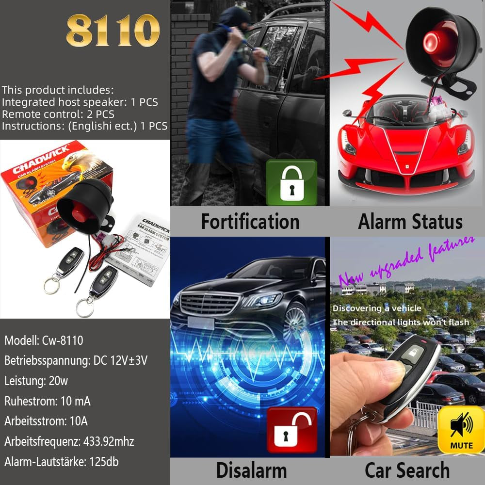 Car Alarm System for Theft Prevention with Sound, anti Theft Car Security Device Alarm System with 2 Remote Starts, Universal 12V Loud Horn 120Db 6 Tone 7-Level Sensitivity Car Alarm Siren