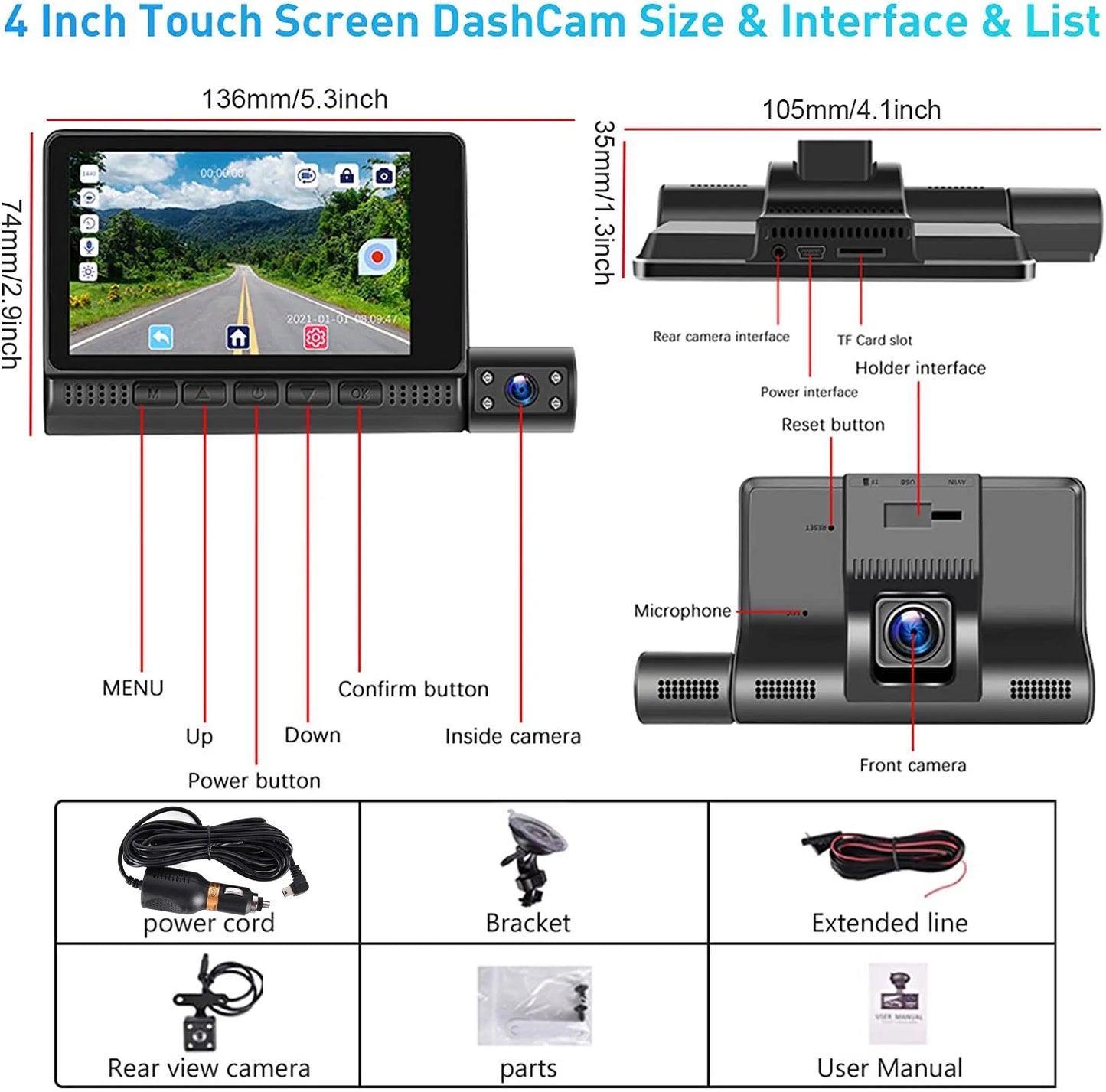 4'' Touch Screen 1080P 3 Channel Dash Cam Front Rear and inside Three Way Triple Dash Camera Recorder for Cars IR Night Vision G-Sensor Loop Recording DVR