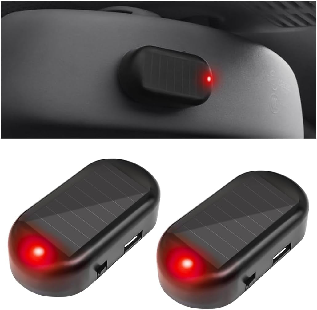 2PCS Car Solar Power Simulated Dummy Alarm, Warning Anti-Theft Vehicle LED Flashing Security Light Fake Lamp with USB Charger Port, Auto Interior Accessories, Universal for Most Cars (Blue/Red)