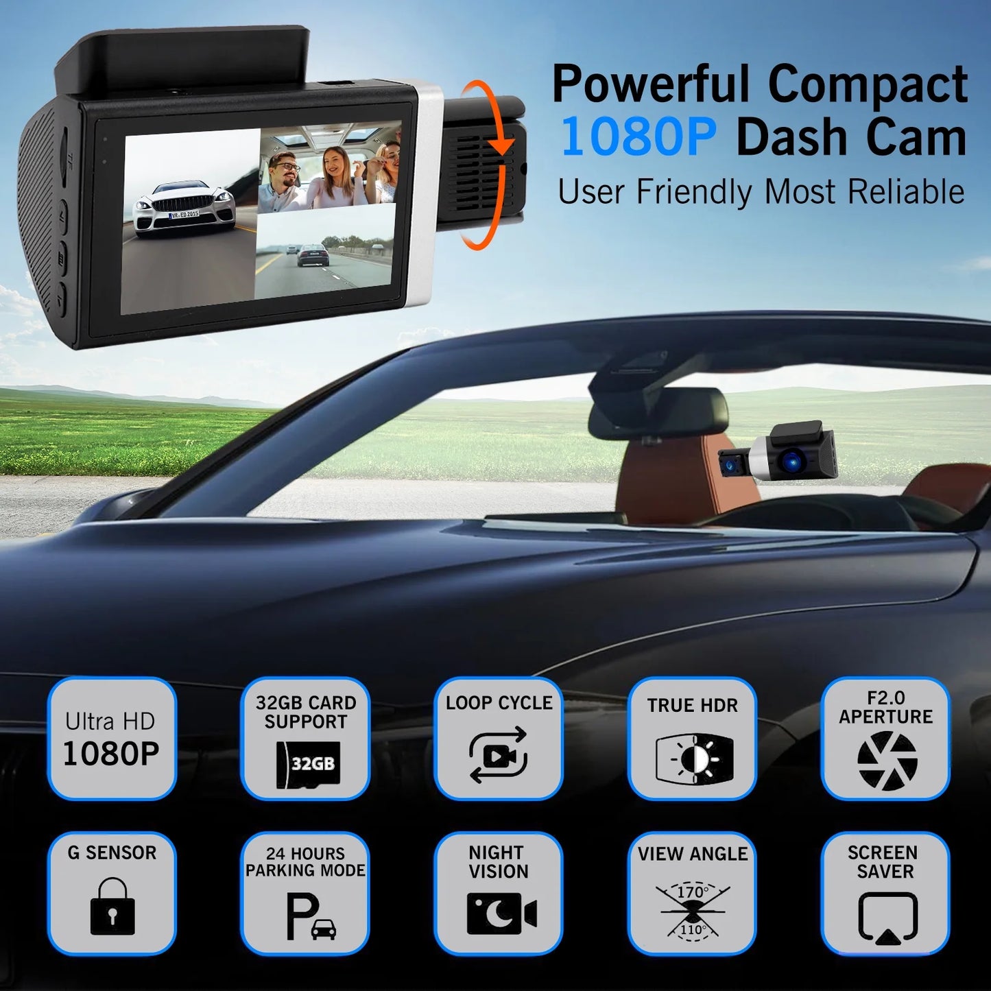3 Channel Dash Cam Front and Rear, 1080P Dash Camera for Cars, 3" IPS Screen Three Way Dashcam with Night Vision, G-Sensor, Loop Recording, 24Hr Parking, DVR, Support 32GB Card