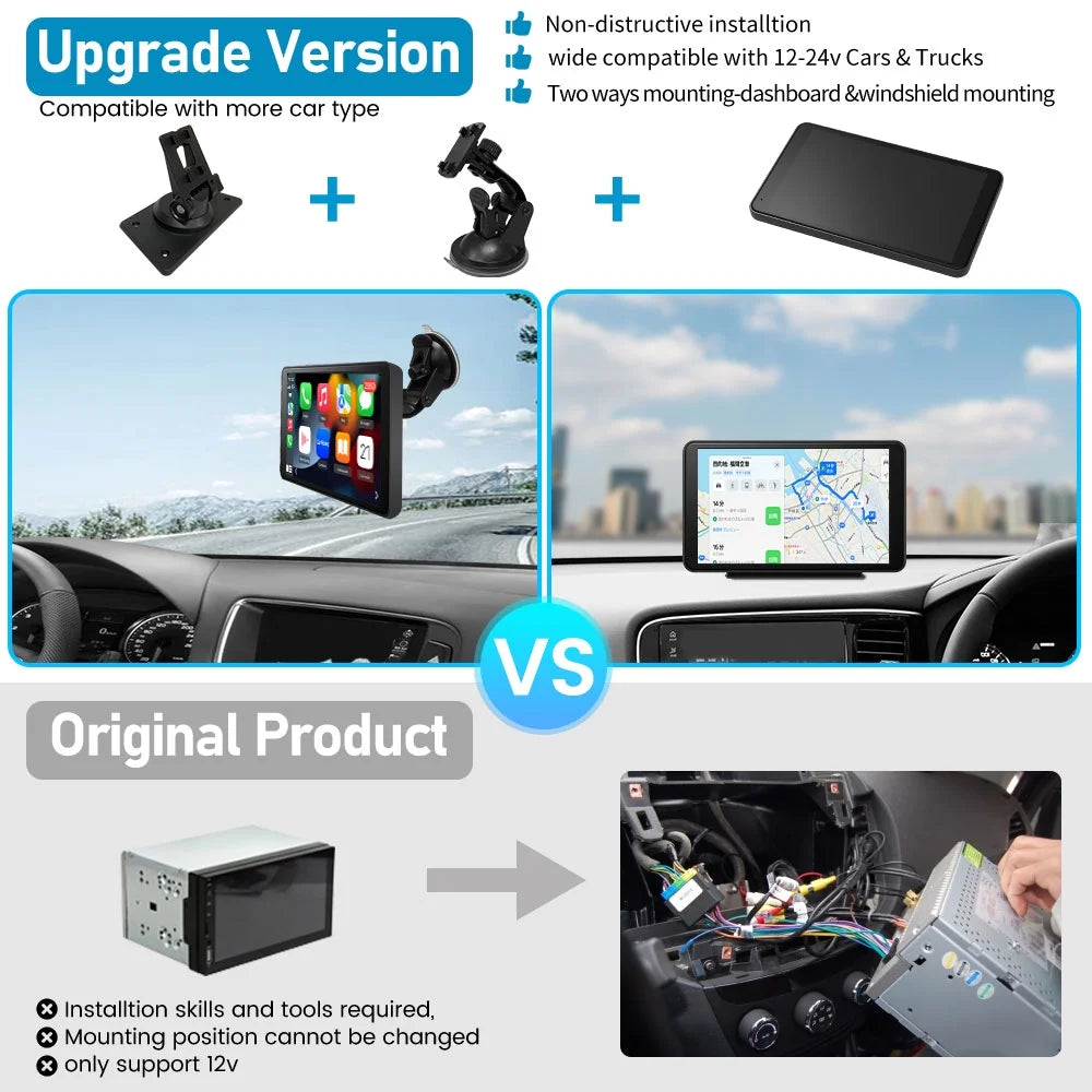 7"Touch Screen Portable Car Stereo for Wireless Apple Carplay Android Auto, Built in Multimedia Player Audio, Bluetooth Handsfree,Gps,Mirror Link