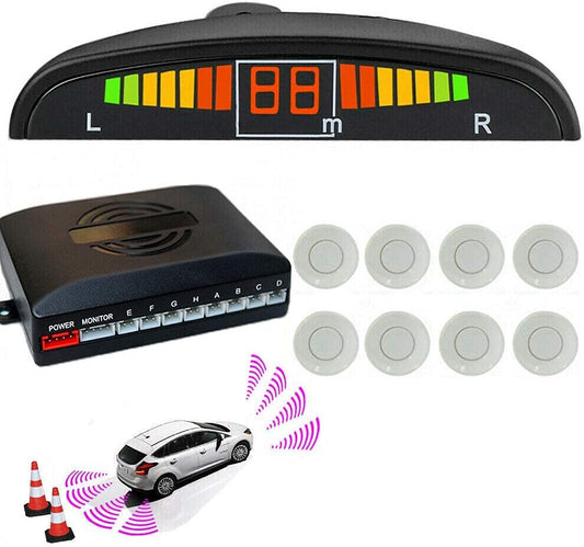 Car Front and Rear Reversing Radar Kit, Led Buzzer Alarm 8 Sensor Front and Rear Parking Sensor Prompt