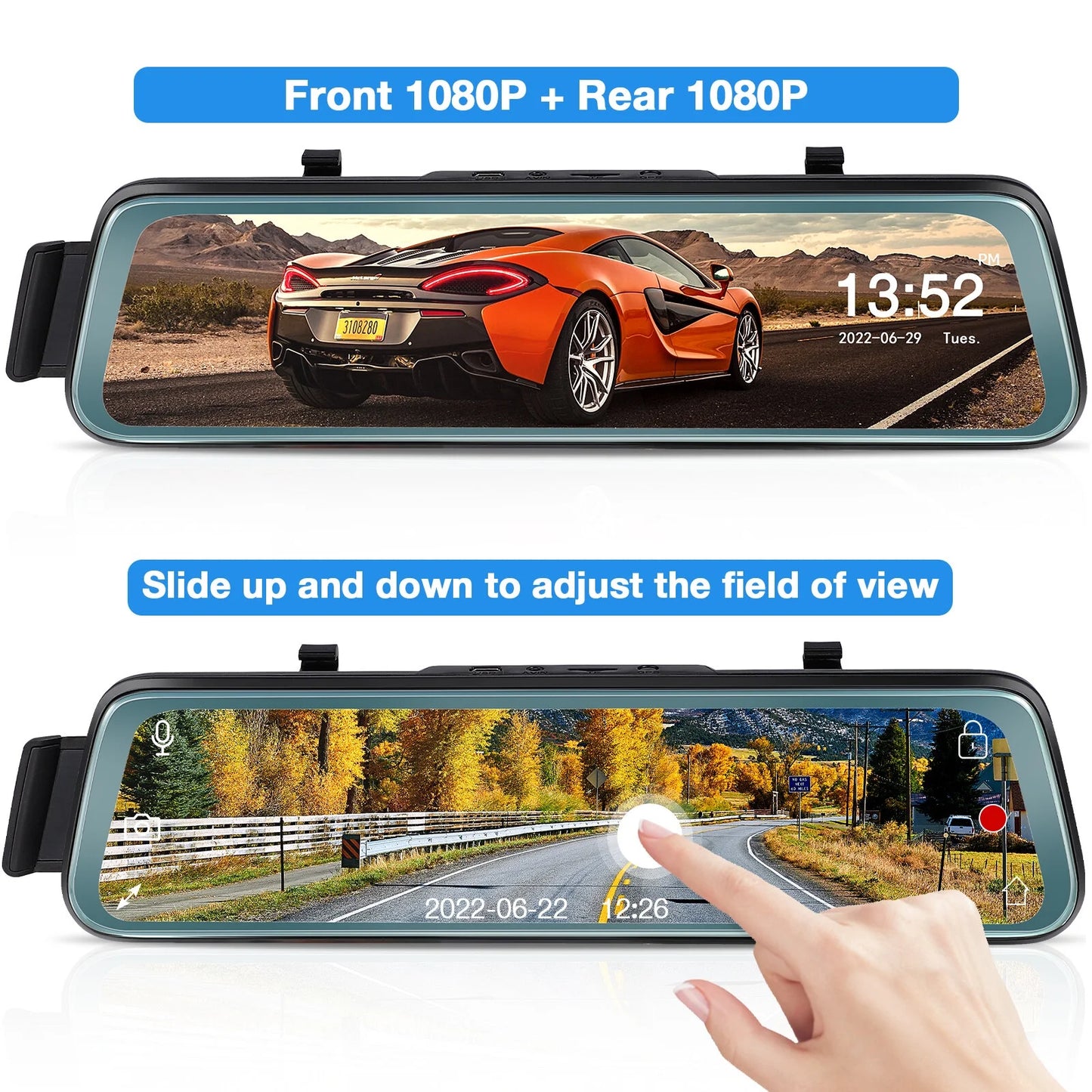 10 Inch Touch Screen Car Camera 10" Rearview Mirror FHD 1080P Dash DVR Cam Backup Camera Night Vision Front and Rear Dual Lens Video Recorder Reversing