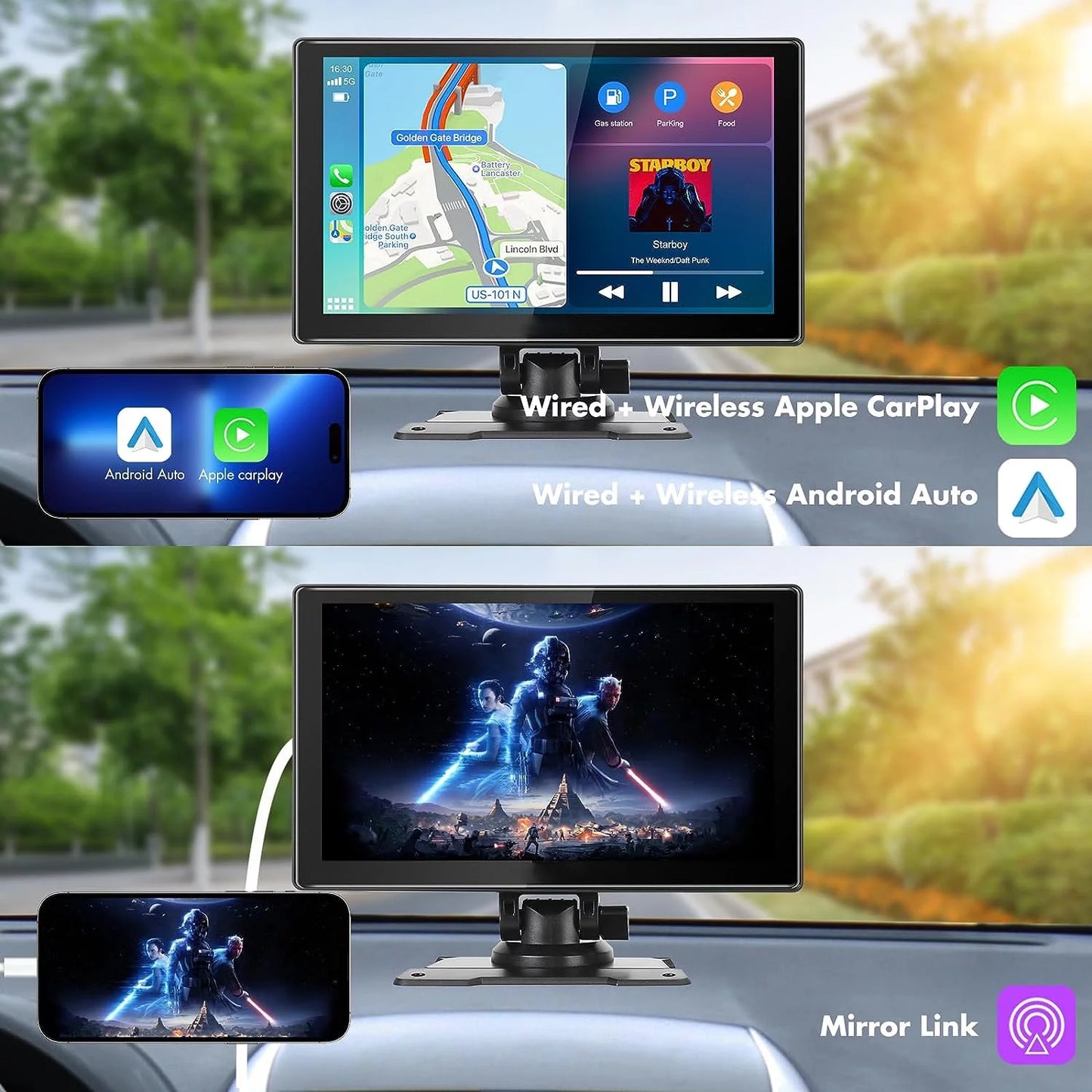 Portable Car Stereo, Wireless Apple Carplay&Android Auto, 9 Inch FHD Touchscreen Car Audio Receivers Bluetooth, Backup Camera, Voice Control, GPS Navi, Mirror Link, FM, AUX/USB/TF