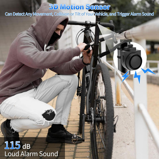 Anti-Theft Bike Alarm with Remote, Wireless Alarm System 115Db Loud Sound, 3D Motion Sensor, Waterproof, USB-C Rechargeable, LED Indicators, for Bike, Bicycle, Ebike, Motorcycle, Car, Trailer, Scooter