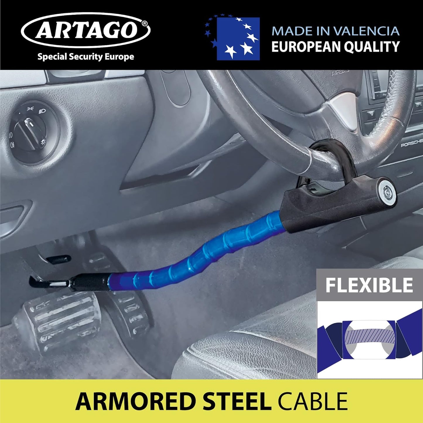 880/B High-End Steering Wheel Brake Pedal Lock, Flexible Articulated Armored Steel Cable, Adjustable High Security, Universal Clutch anti Theft Bar Lock Device for Vehicle Car Truck Van, Camper