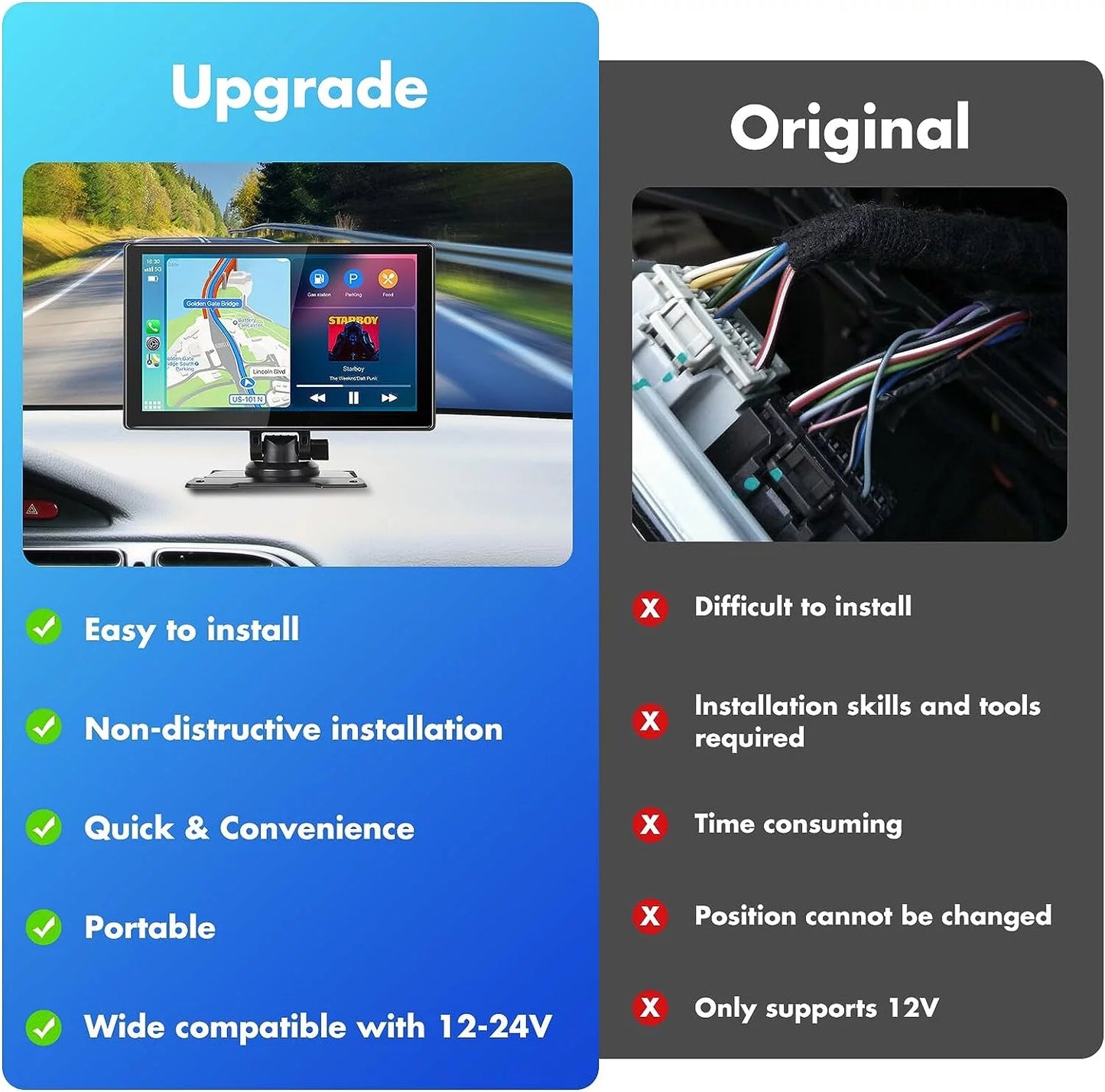 Portable Car Stereo, Wireless Apple Carplay&Android Auto, 9 Inch FHD Touchscreen Car Audio Receivers Bluetooth, Backup Camera, Voice Control, GPS Navi, Mirror Link, FM, AUX/USB/TF