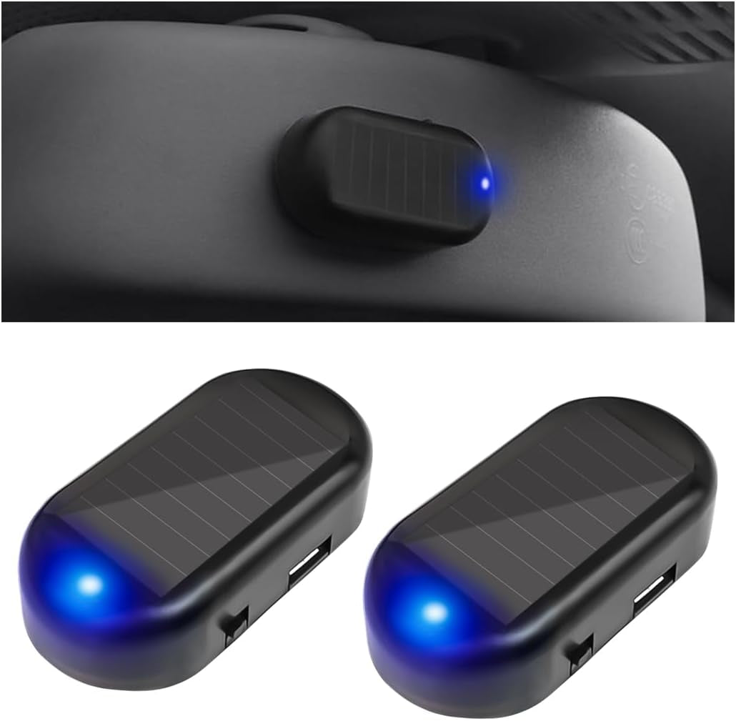 2PCS Car Solar Power Simulated Dummy Alarm, Warning Anti-Theft Vehicle LED Flashing Security Light Fake Lamp with USB Charger Port, Auto Interior Accessories, Universal for Most Cars (Blue/Red)