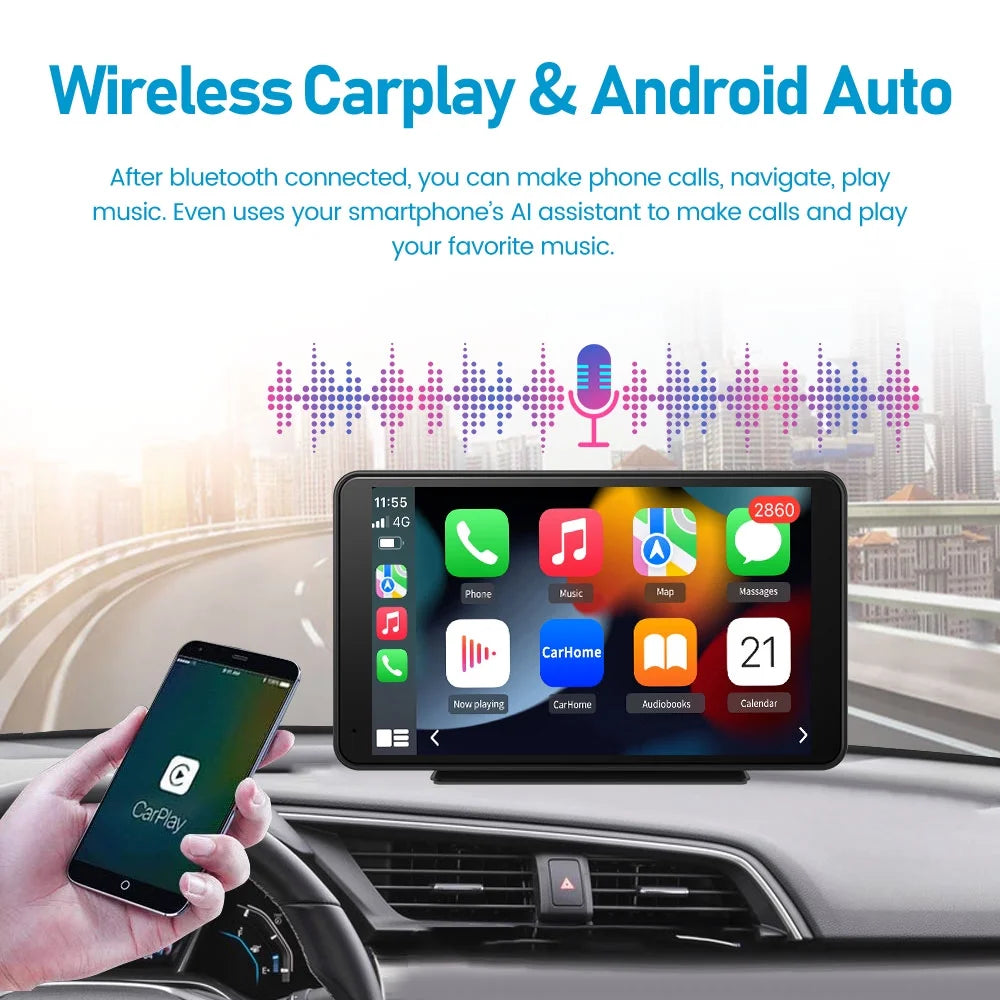 7"Touch Screen Portable Car Stereo for Wireless Apple Carplay Android Auto, Built in Multimedia Player Audio, Bluetooth Handsfree,Gps,Mirror Link