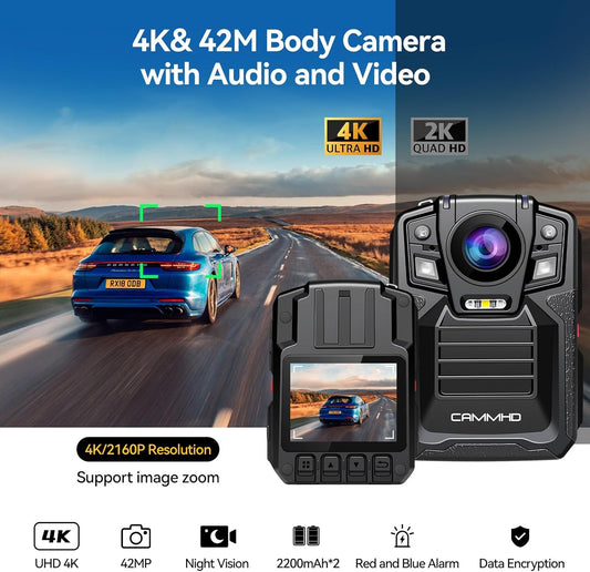 V8-1TB 4K Body Camera with Audio and Video Recording, 2160P Body Cam Two Battery 4400Mah Work 14H, H.265 Video Recorder, IP68 Waterproof, Night Vision Police Body Camera with Charging Dock