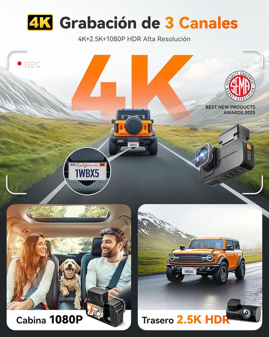 X5 3 Channel 4K Dash Cam, STARVIS 2 IMX678,4K+2.5K+1080P Front and Rear inside Triple Car Camera, Included 128GB Card, Voice Control, 5.8Ghz Wifi GPS, Touch Screen, Support 512GB Max