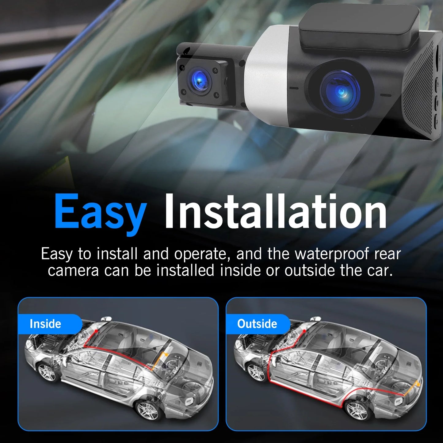 3 Channel Dash Cam Front and Rear, 1080P Dash Camera for Cars, 3" IPS Screen Three Way Dashcam with Night Vision, G-Sensor, Loop Recording, 24Hr Parking, DVR, Support 32GB Card