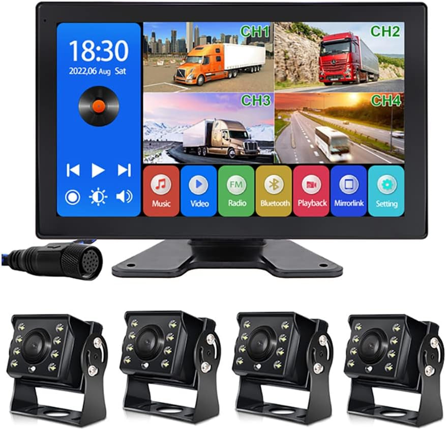 Car Backup Cameras System with 4K 10.36" Touch Screen Quad Display Monitor & 4Pcs 1080P Backup AHD Cameras, MP5 Player, Vehicle DVR Recorder for Rv/Truck/Bus/Trailer/Camper/Van