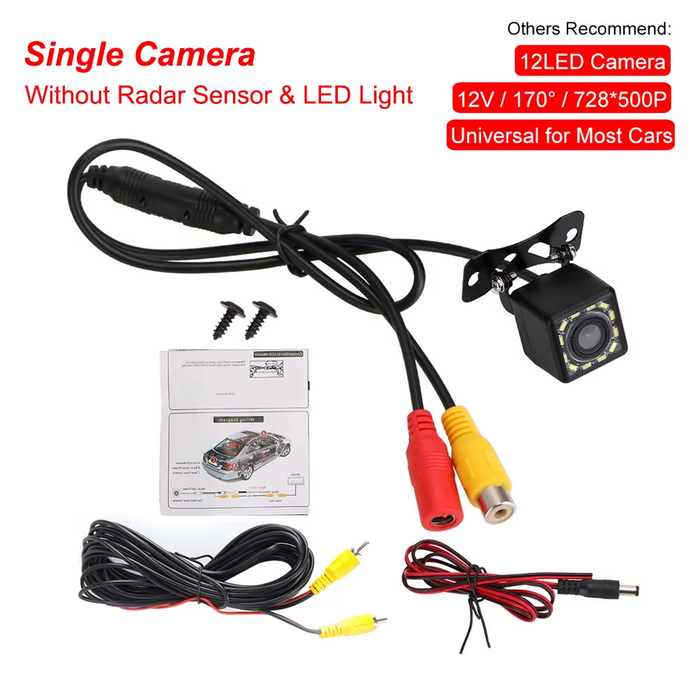 12V Car PDC 3 in 1 Rear View Camera Parking Sensor Radar Set License Plate Lights Distance Control Parktronic System Universal
