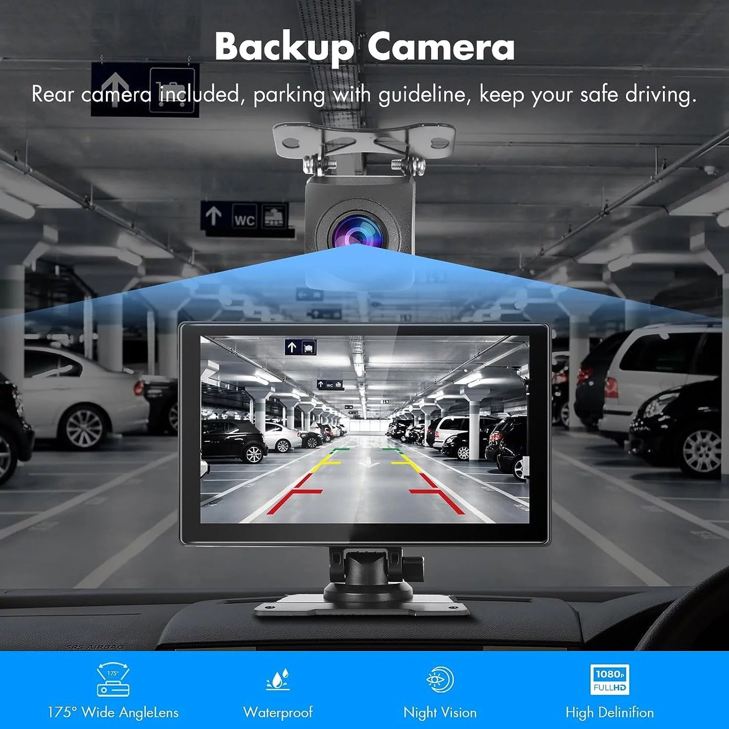 Portable Car Stereo, Wireless Apple Carplay&Android Auto, 9 Inch FHD Touchscreen Car Audio Receivers Bluetooth, Backup Camera, Voice Control, GPS Navi, Mirror Link, FM, AUX/USB/TF