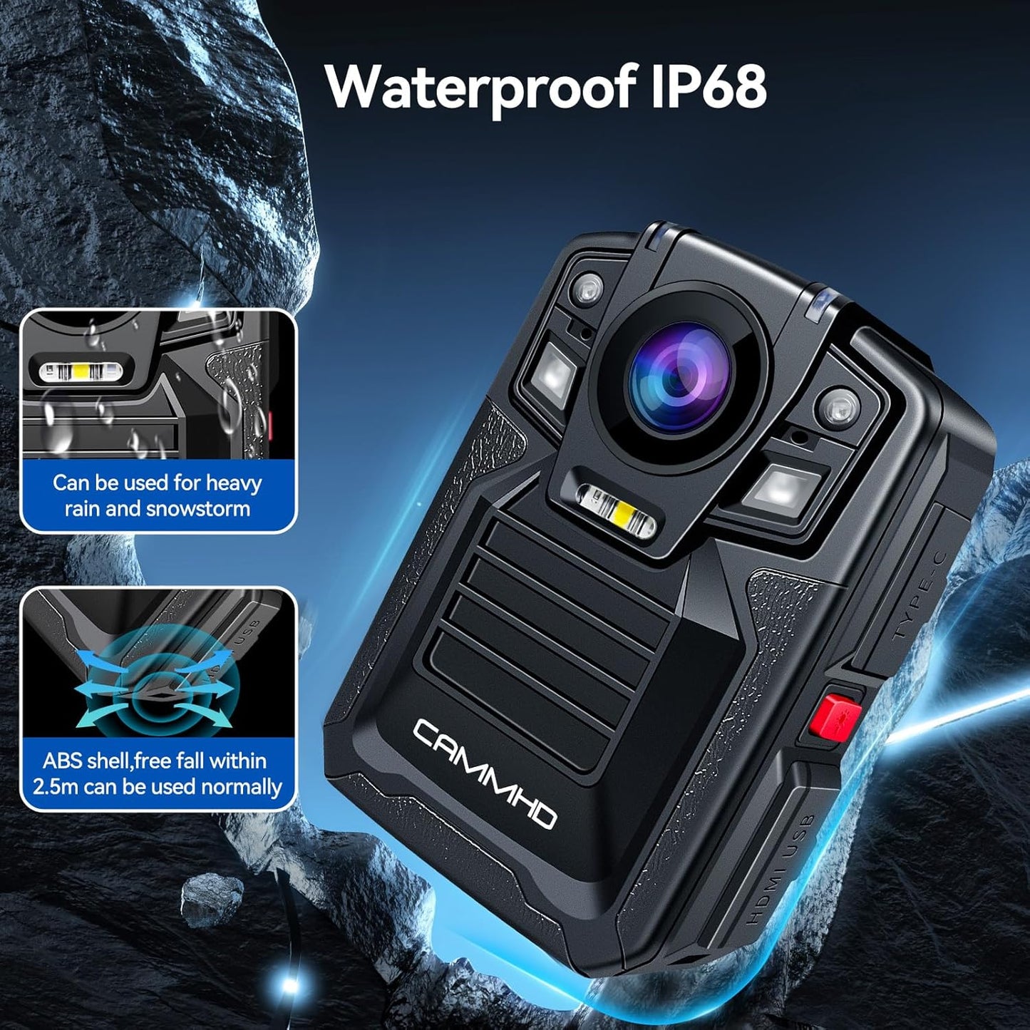 V8-1TB 4K Body Camera with Audio and Video Recording, 2160P Body Cam Two Battery 4400Mah Work 14H, H.265 Video Recorder, IP68 Waterproof, Night Vision Police Body Camera with Charging Dock