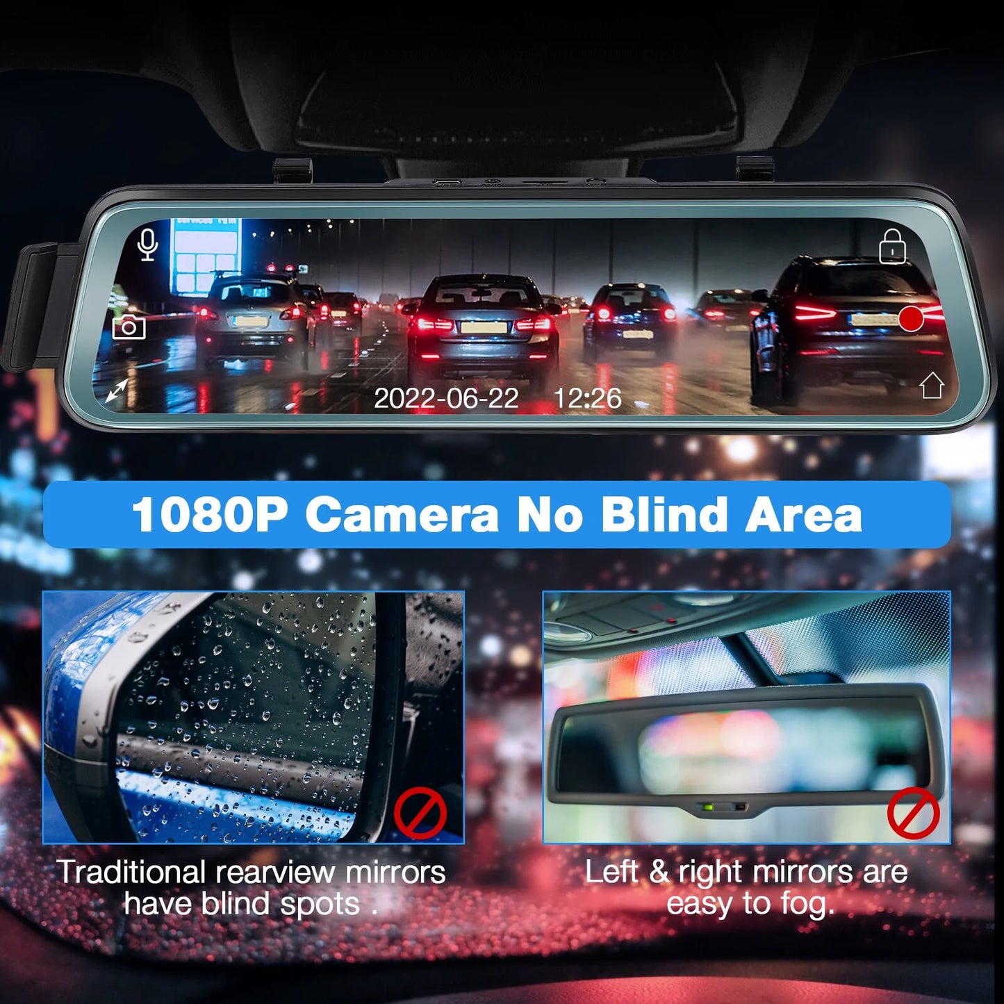 10 Inch Touch Screen Car Camera 10" Rearview Mirror FHD 1080P Dash DVR Cam Backup Camera Night Vision Front and Rear Dual Lens Video Recorder Reversing