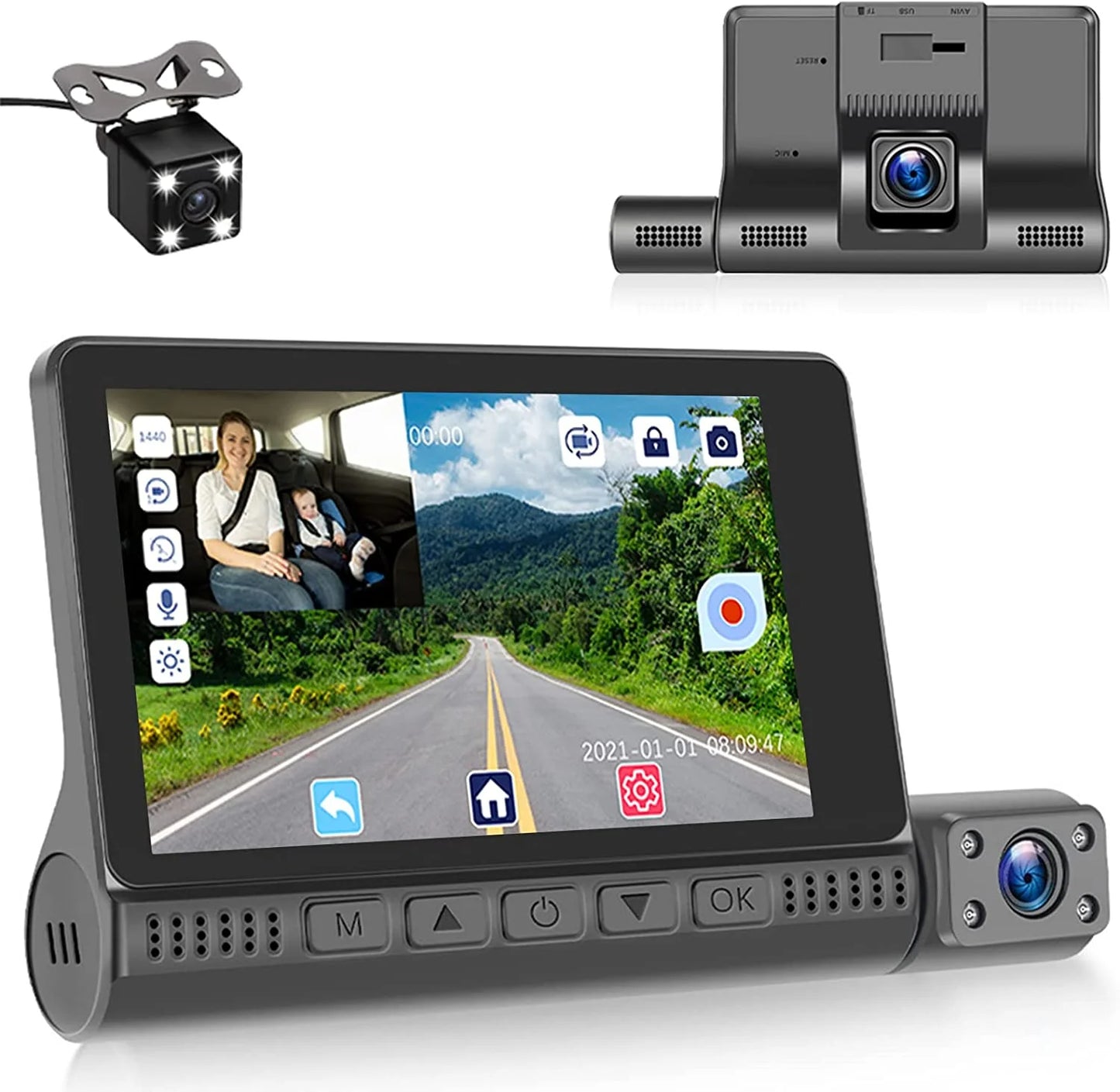 4'' Touch Screen 1080P 3 Channel Dash Cam Front Rear and inside Three Way Triple Dash Camera Recorder for Cars IR Night Vision G-Sensor Loop Recording DVR
