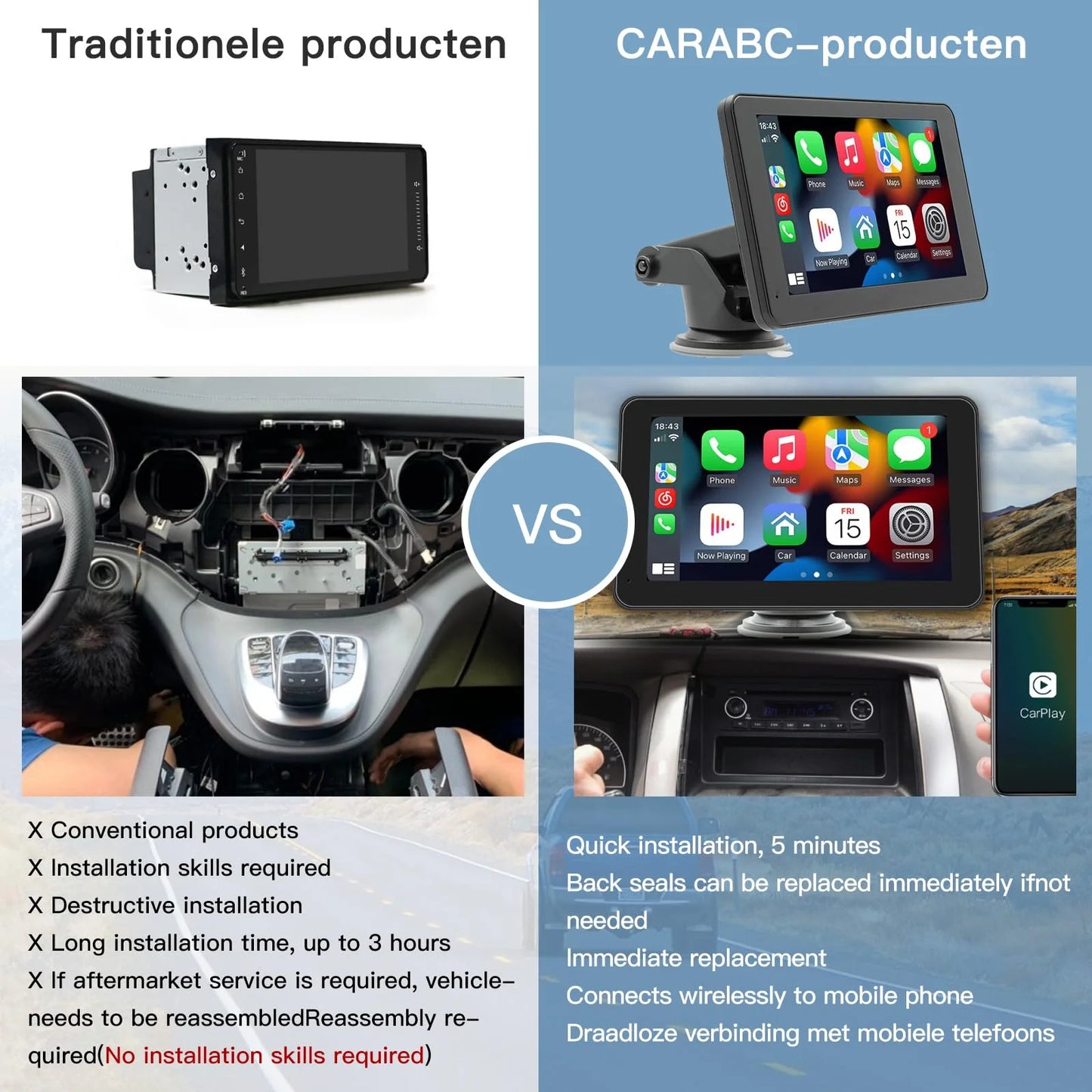 D7 Pro Portable Wireless Car Stereo with 7" Touchscreen, Carplay, Android Auto, Rear Camera