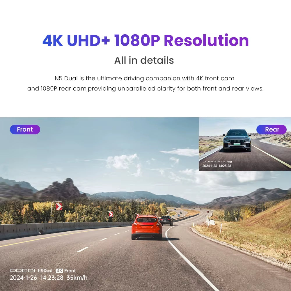 4K Dash Cam N5 Dual Front and Rear 4K Ultra HD Resolution AI Dash Camera Nightvis ADAS GPS Auto Record