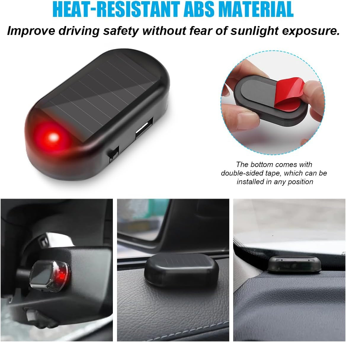 2PCS Car Solar Power Simulated Dummy Alarm, Warning Anti-Theft Vehicle LED Flashing Security Light Fake Lamp with USB Charger Port, Auto Interior Accessories, Universal for Most Cars (Blue/Red)