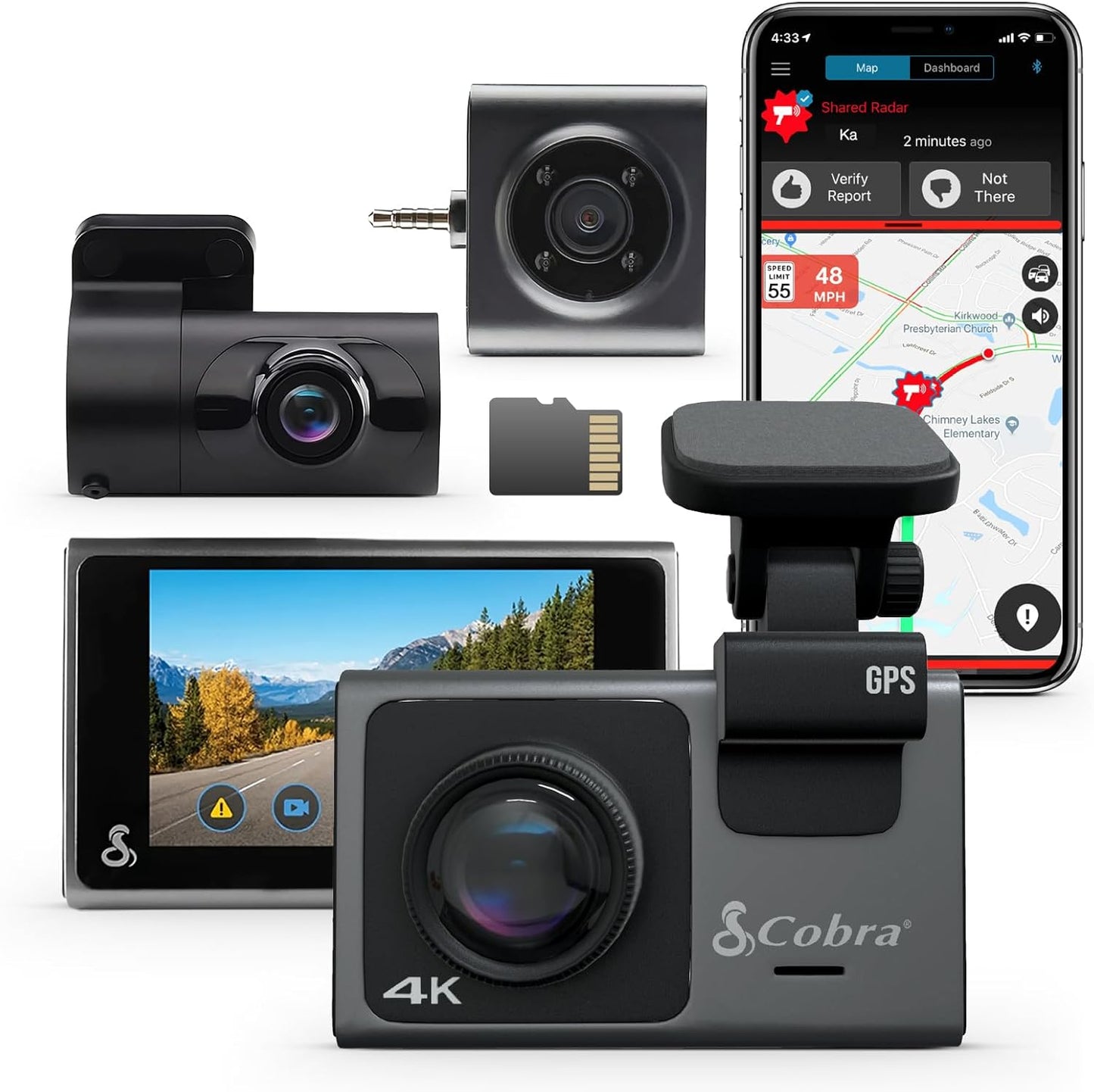 Smart Dash Cam with Interior Cam (SC 201) - Full HD 1080P Resolution, Built-In Wifi & GPS, Live Police Alerts, Incident Reports, Emergency Mayday, Drive Smarter App, 16GB SD Card Incl.