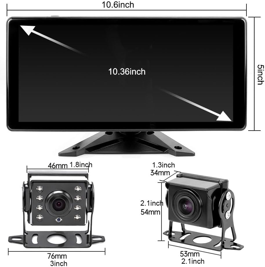 Car Backup Cameras System with 4K 10.36" Touch Screen Quad Display Monitor & 4Pcs 1080P Backup AHD Cameras, MP5 Player, Vehicle DVR Recorder for Rv/Truck/Bus/Trailer/Camper/Van