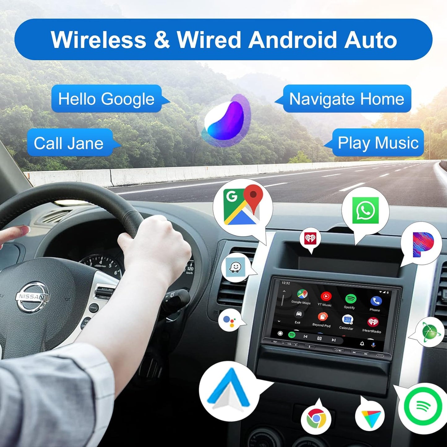 Double Din Car Stereo Radio Wireless Carplay & Wireless Android Auto, 7In Touchscreen Car Audio Receiver with Bluetooth,Rearview Camera,Am/Fm, GPS Navigation,Mirror Link,Subwoofer,Usb/Aux/Swc