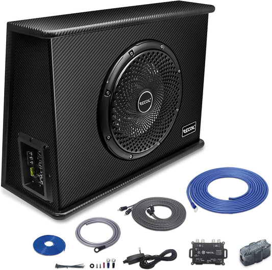SWS10 10 Inch 600W Slim Active Ported Subwoofer Enclosure with Installation Wiring Kits and Line Output Converter/Line Driver
