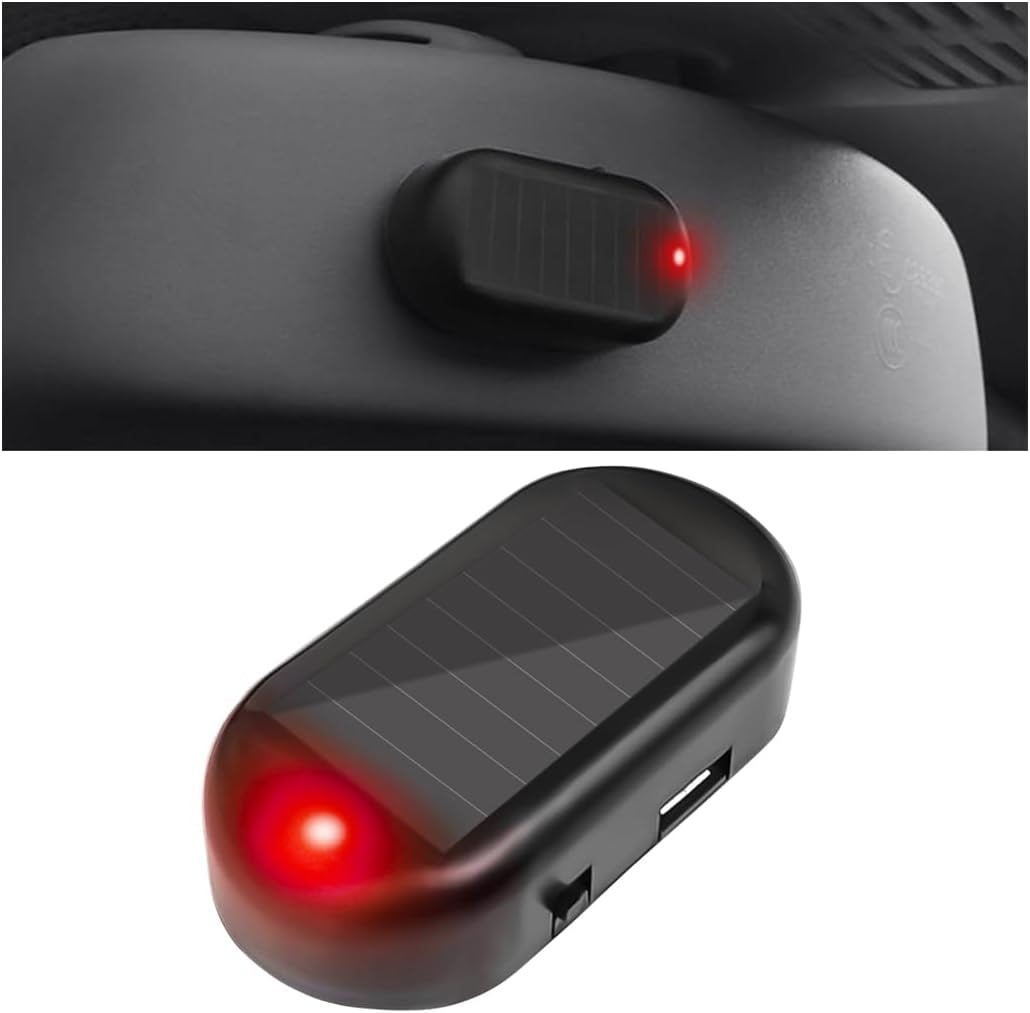 2PCS Car Solar Power Simulated Dummy Alarm, Warning Anti-Theft Vehicle LED Flashing Security Light Fake Lamp with USB Charger Port, Auto Interior Accessories, Universal for Most Cars (Blue/Red)
