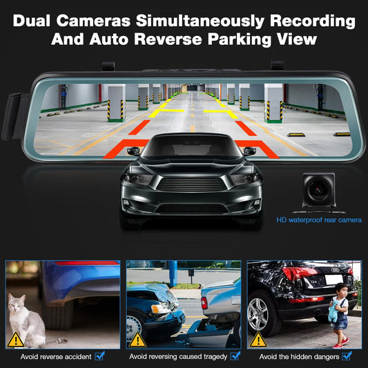 10 Inch Touch Screen Car Camera 10" Rearview Mirror FHD 1080P Dash DVR Cam Backup Camera Night Vision Front and Rear Dual Lens Video Recorder Reversing