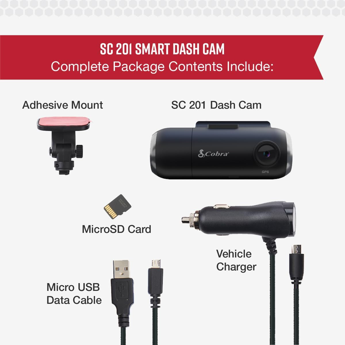 Smart Dash Cam with Interior Cam (SC 201) - Full HD 1080P Resolution, Built-In Wifi & GPS, Live Police Alerts, Incident Reports, Emergency Mayday, Drive Smarter App, 16GB SD Card Incl.