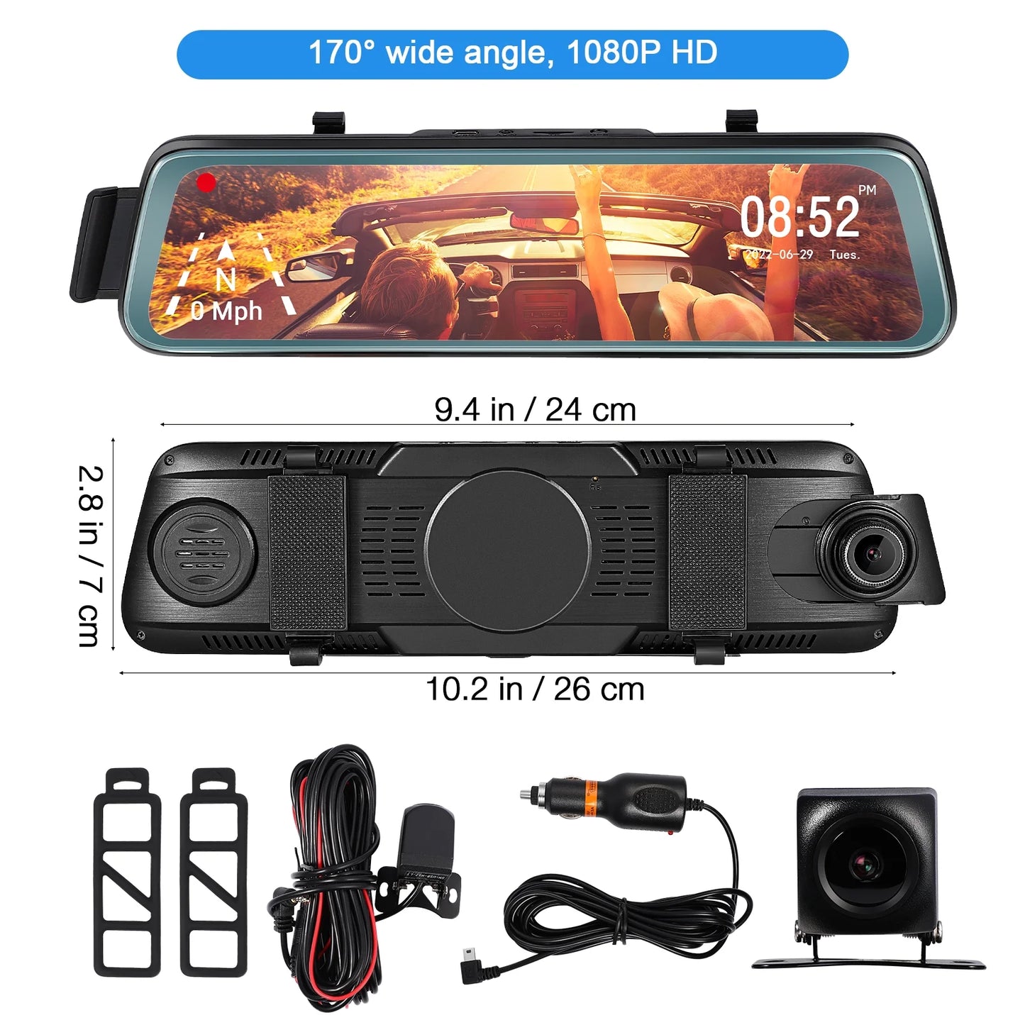 10 Inch Touch Screen Car Camera 10" Rearview Mirror FHD 1080P Dash DVR Cam Backup Camera Night Vision Front and Rear Dual Lens Video Recorder Reversing