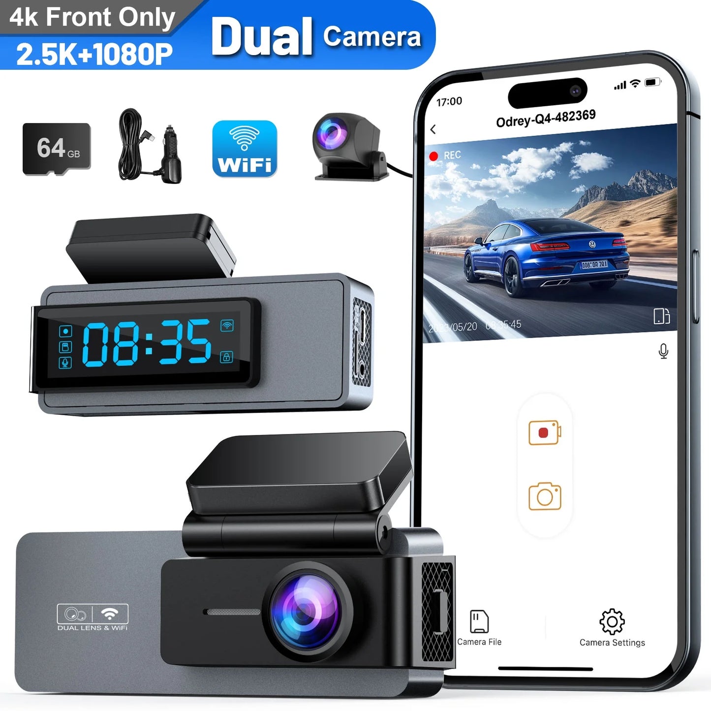 Dash Cam Front and Rear, 2.5K+1080P WDR Dash Camera for Cars, 4K Single Front Built-In Wifi Car Camera with G-Sensor, Super Night Vision, 64GB Card, Loop Recording, Parking Mode