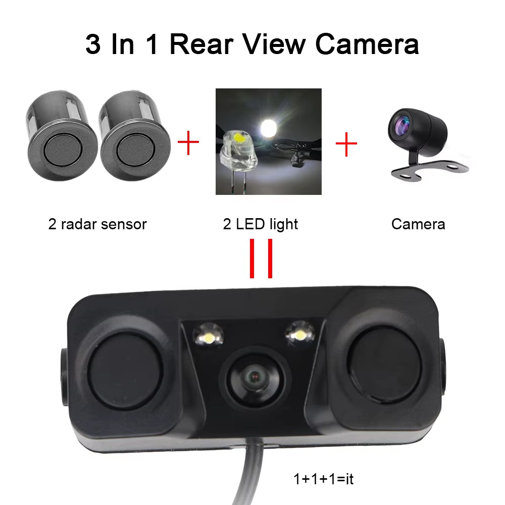 12V Car PDC 3 in 1 Rear View Camera Parking Sensor Radar Set License Plate Lights Distance Control Parktronic System Universal