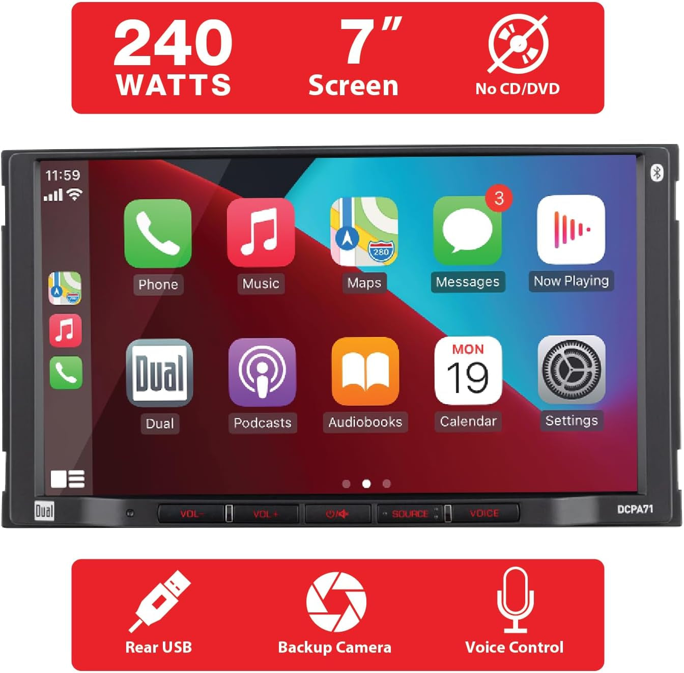 DCPA71 7-Inch Certified Apple Carplay Android Auto | Double DIN Touchscreen Car Stereo Radio | Bluetooth Hands Free Calling & Music Streaming | Backup Camera Input