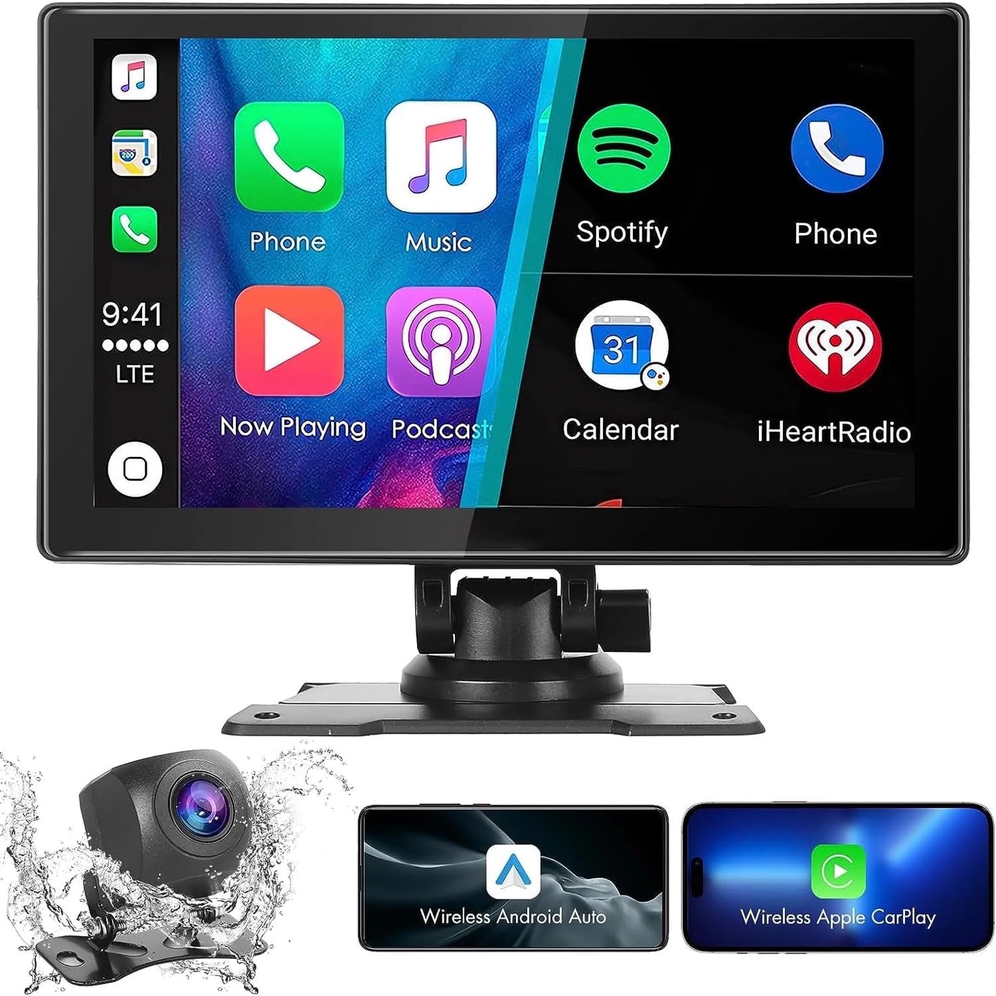 Portable Car Stereo, Wireless Apple Carplay&Android Auto, 9 Inch FHD Touchscreen Car Audio Receivers Bluetooth, Backup Camera, Voice Control, GPS Navi, Mirror Link, FM, AUX/USB/TF