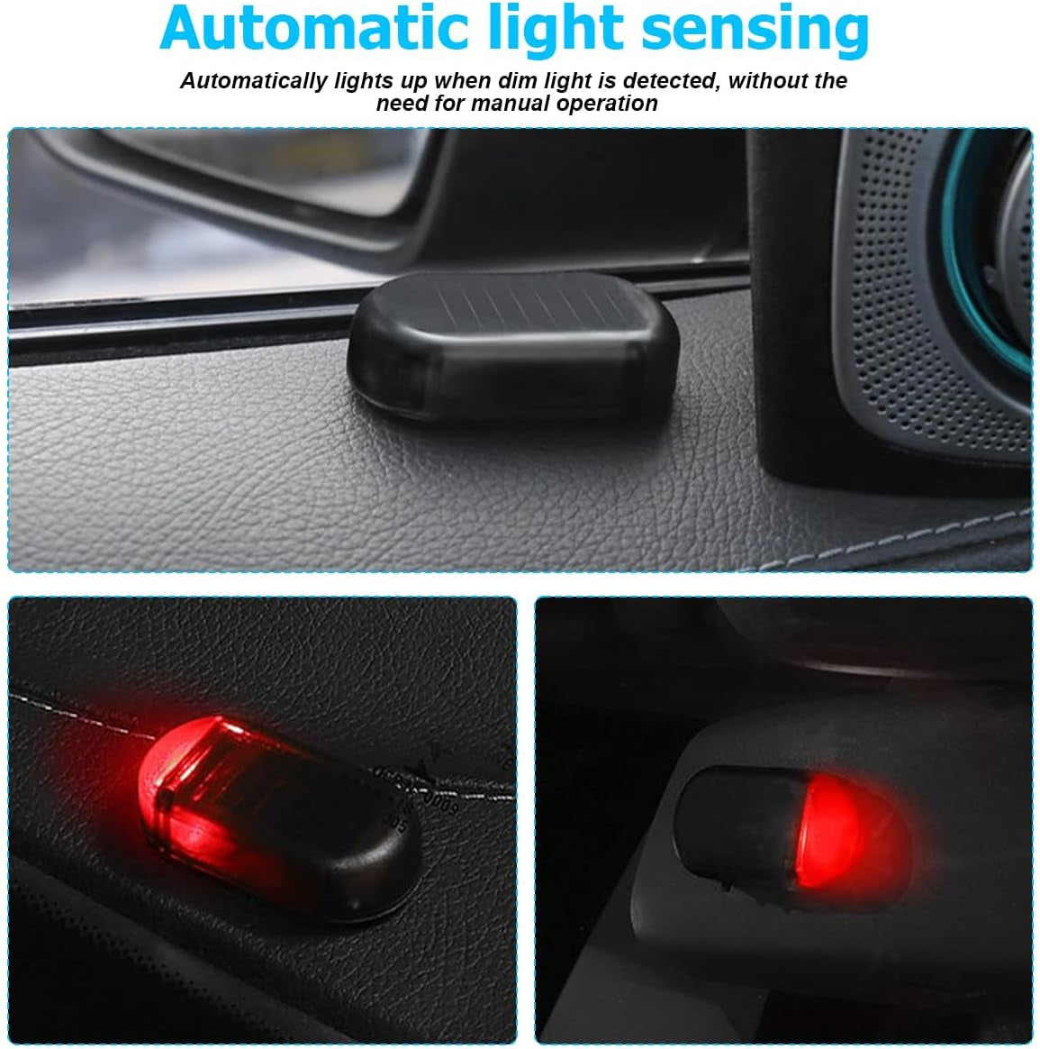2PCS Car Solar Power Simulated Dummy Alarm, Warning Anti-Theft Vehicle LED Flashing Security Light Fake Lamp with USB Charger Port, Auto Interior Accessories, Universal for Most Cars (Blue/Red)