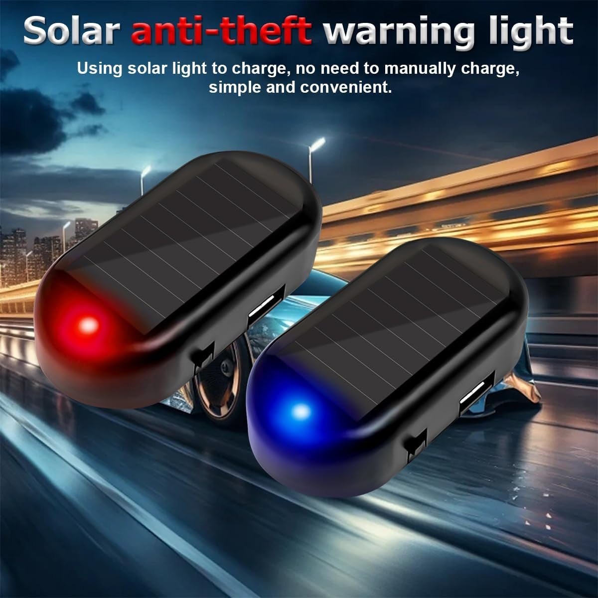 2PCS Car Solar Power Simulated Dummy Alarm, Warning Anti-Theft Vehicle LED Flashing Security Light Fake Lamp with USB Charger Port, Auto Interior Accessories, Universal for Most Cars (Blue/Red)