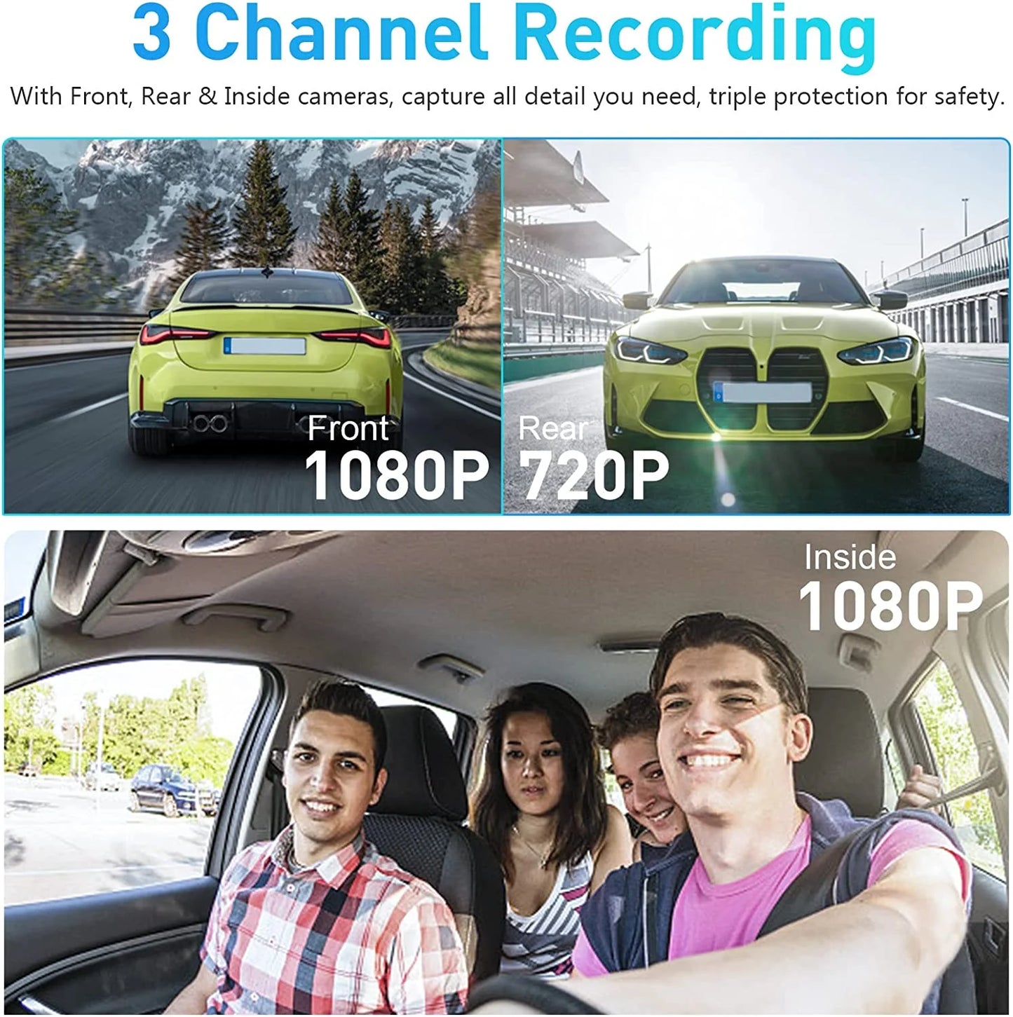 4'' Touch Screen 1080P 3 Channel Dash Cam Front Rear and inside Three Way Triple Dash Camera Recorder for Cars IR Night Vision G-Sensor Loop Recording DVR