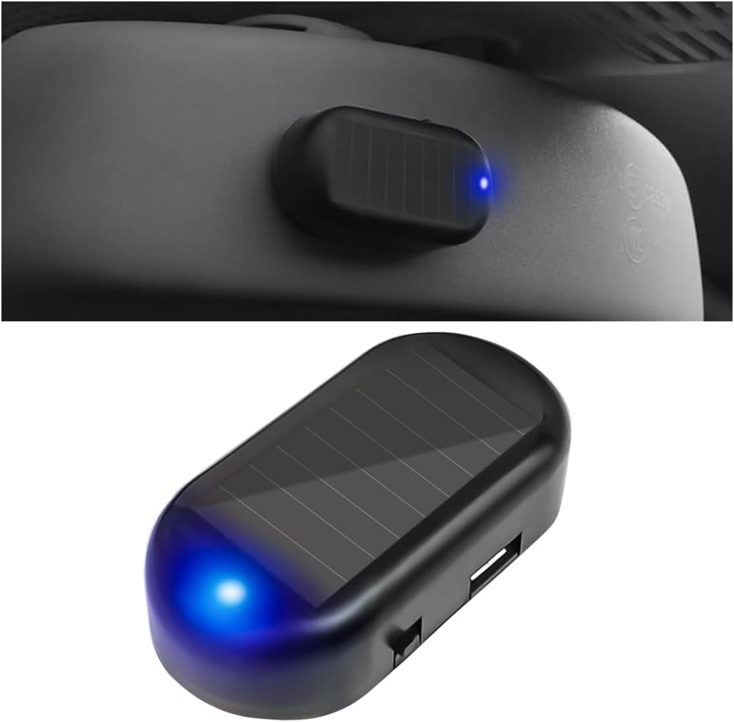 2PCS Car Solar Power Simulated Dummy Alarm, Warning Anti-Theft Vehicle LED Flashing Security Light Fake Lamp with USB Charger Port, Auto Interior Accessories, Universal for Most Cars (Blue/Red)