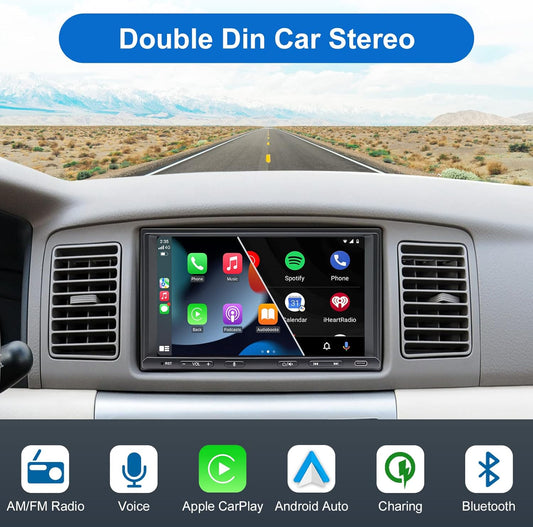 Double Din Car Stereo Radio Wireless Carplay & Wireless Android Auto, 7In Touchscreen Car Audio Receiver with Bluetooth,Rearview Camera,Am/Fm, GPS Navigation,Mirror Link,Subwoofer,Usb/Aux/Swc