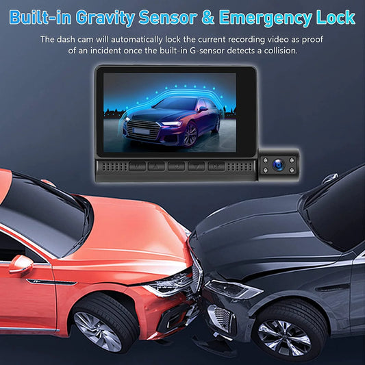 4'' Touch Screen 1080P 3 Channel Dash Cam Front Rear and inside Three Way Triple Dash Camera Recorder for Cars IR Night Vision G-Sensor Loop Recording DVR