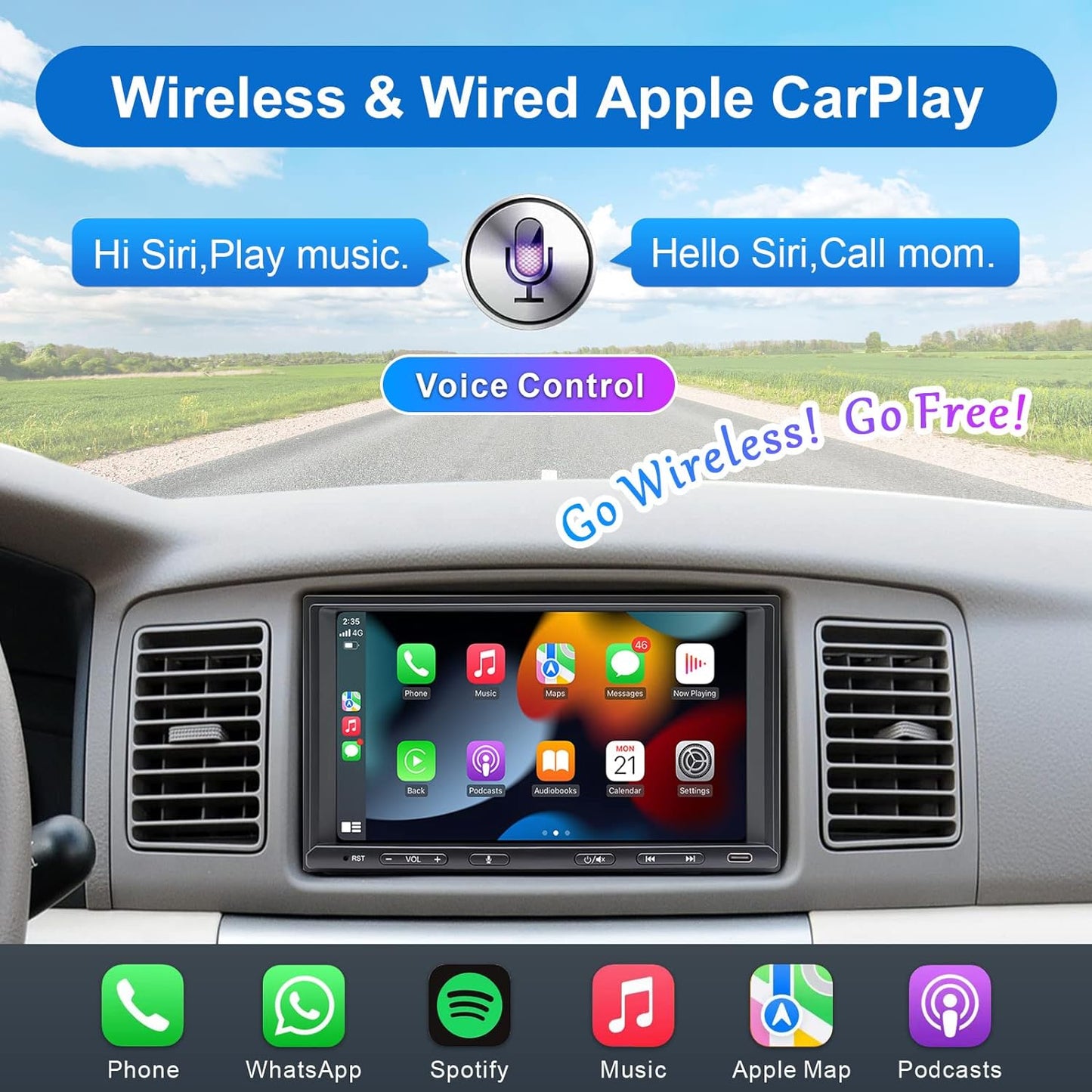 Double Din Car Stereo Radio Wireless Carplay & Wireless Android Auto, 7In Touchscreen Car Audio Receiver with Bluetooth,Rearview Camera,Am/Fm, GPS Navigation,Mirror Link,Subwoofer,Usb/Aux/Swc
