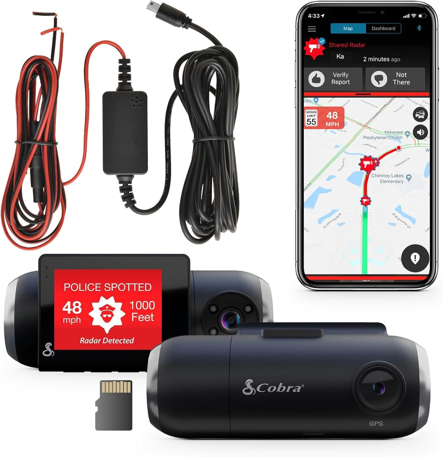 Smart Dash Cam with Interior Cam (SC 201) - Full HD 1080P Resolution, Built-In Wifi & GPS, Live Police Alerts, Incident Reports, Emergency Mayday, Drive Smarter App, 16GB SD Card Incl.